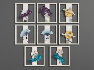 中式立体花卉、扇子墙饰挂件