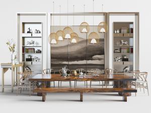 中式实木长方形茶桌长凳组合