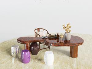 中式异形实木茶桌、鼓形坐墩