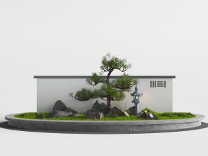 中式松树石头花坛景观小品