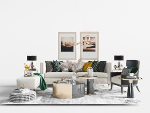 新中式多人沙发、贵妃椅和茶几组合3d模型 新中式多人沙发、贵妃椅和茶几组合