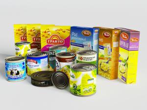 陈放摆列的盒装点心和罐装食品食物