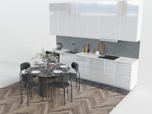 现代白色橱柜、吊柜和圆形餐桌椅组合