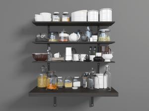 欧式隔板上的碗盘、调料瓶厨房用品