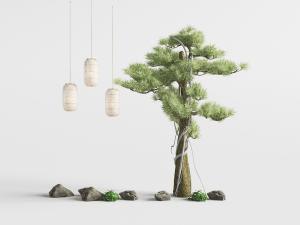 中式松树石头吊灯景观小品