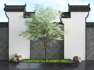 中式马头墙大树景观小品