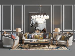 欧式古典皮革多人沙发、单人沙发茶几组合