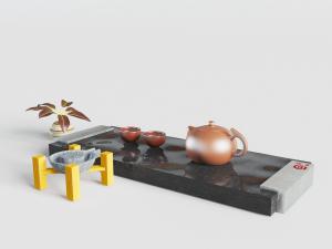 中式石头材质的茶桌茶具