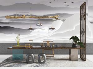 中式长方形茶桌鼓凳