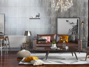 北欧真皮棕色多人沙发茶几组合