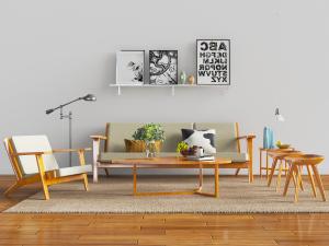 北欧实木边框的多人沙发、休闲椅子和坐凳组合