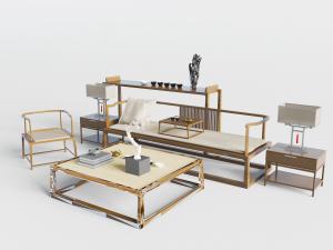 新中式实木框架的多人沙发休闲椅子茶几组合