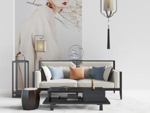 新中式黑色支撑白色坐垫靠背的多人沙发、鼓凳和茶几组