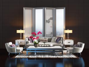 新中式多人单人沙发茶几屏风组合