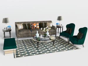 欧式美式灰色多人沙发、绿色休闲椅子和沙发凳组合模