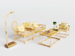 中式竹编罗汉床、茶桌和落地灯