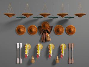 中式民宿草帽蓑衣双桨墙饰挂件