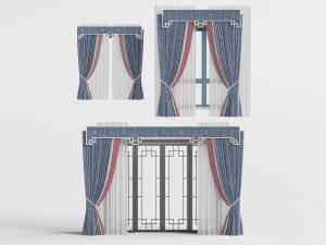 新中式灰色带帘头的窗帘窗纱3d模型 新中式灰色带帘头的窗帘窗纱