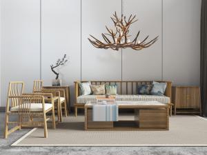 新中式实木多人单人沙发茶几边几组合