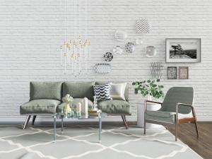 现代北欧实木支架的多人沙发、休闲椅子组合