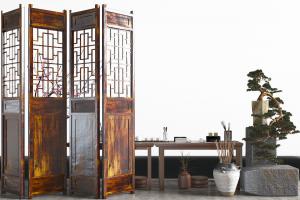 中式是木门扇屏风茶桌盆景