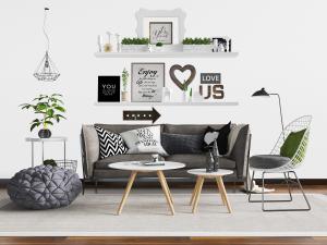 北欧深灰色多人沙发、休闲椅子和圆形坐垫组合