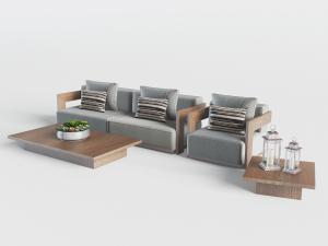 新中式实木灰色布艺多人沙发、单人沙发和茶几组合模