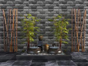 中式竹子竹竿和水景景观小品