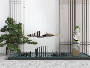 中式水塘松树景观小品