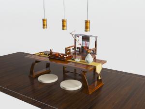 中式实木茶桌椅茶具和坐垫组合