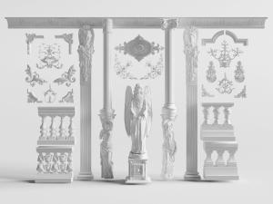 欧式雕花石膏线、装饰雕像的罗马柱子和护栏栏杆