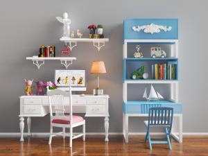 简欧白色儿童书桌椅组合3d模型 简欧白色儿童书桌椅组合