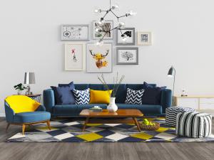 北欧蓝色多人布艺沙发、单人沙发茶几组合