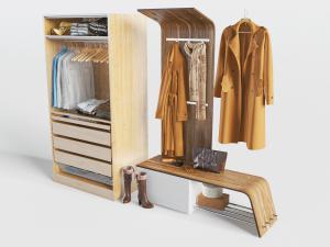 现代北欧实木玄关鞋柜、换鞋凳和衣架