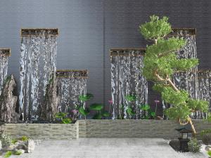 中式瀑布荷花池松树景观小品