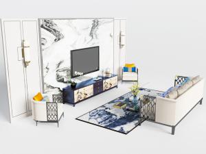 新中式电视柜电视机、多人沙发和单人沙发组合