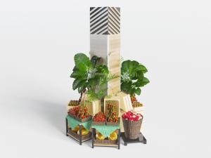 围着柱子摆放在藤编收纳筐里的水果