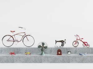 现代复古自行车童车、电风扇和缝纫机