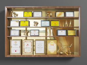 现代实木装饰置物架上的奖状奖杯