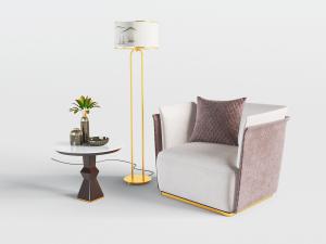 新中式单人沙发边几落地灯3d模型 新中式单人沙发边几落地灯