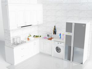 现代白色嵌入洗衣机的橱柜、吊柜和电冰箱