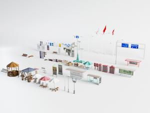 中式户外遮阳伞、宣传栏、摊位和路灯