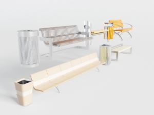 现代铁艺公共椅子、垃圾桶