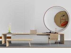 日式实木长条形茶几茶具3d模型 日式实木长条形茶几茶具