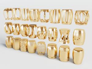 新中式金色的镂空鼓形凳子、坐墩