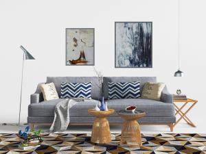 北欧灰色布艺多人沙发、圆形茶几和落地灯