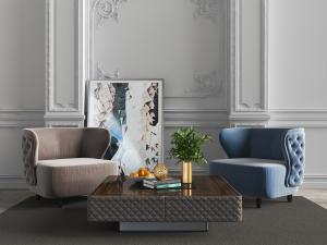 美式布艺单人沙发、茶几3d模型 美式布艺单人沙发、茶几