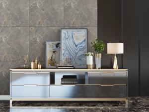 新中式光面镶金电视柜、饰品摆件