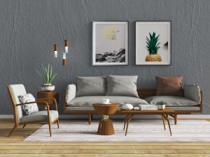 现代北欧实木灰色多人沙发、休闲椅和茶几组合