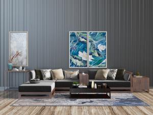 新中式实木框架的多人转角沙发茶几组合